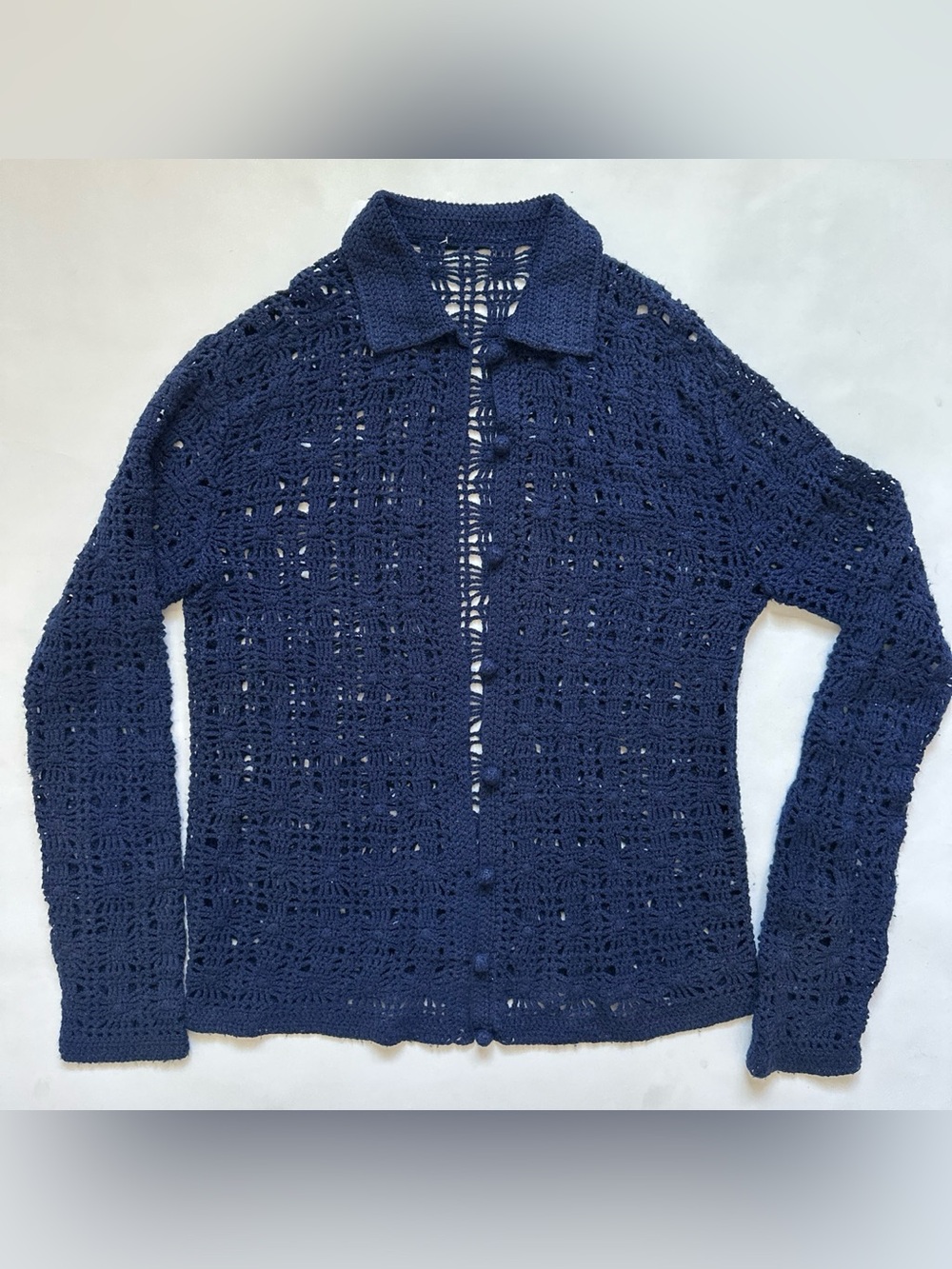 Vintage crochet textures breathable sheer long sleeve collared button up shirt